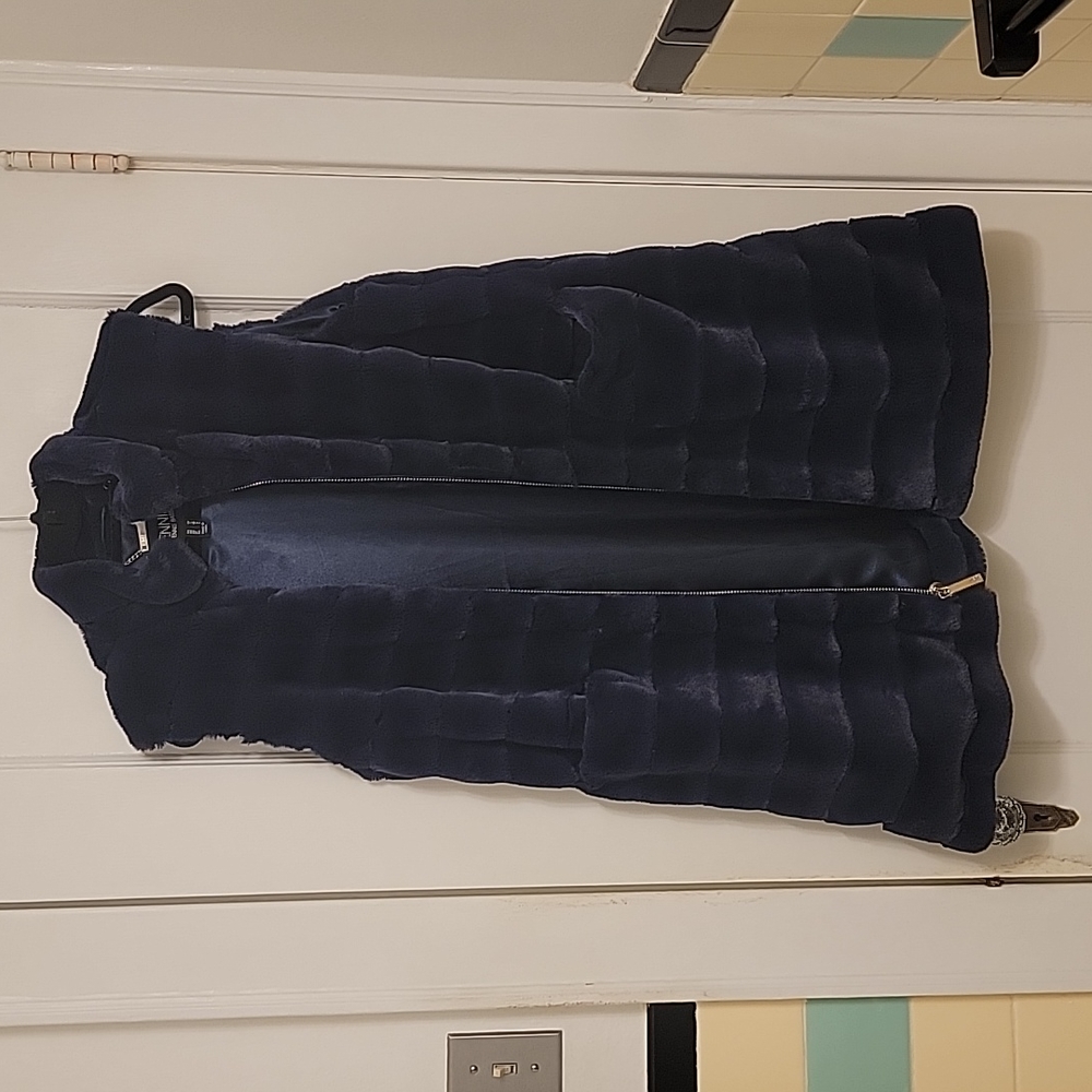 Dennis Basso faux fur washed washed navy blue vest